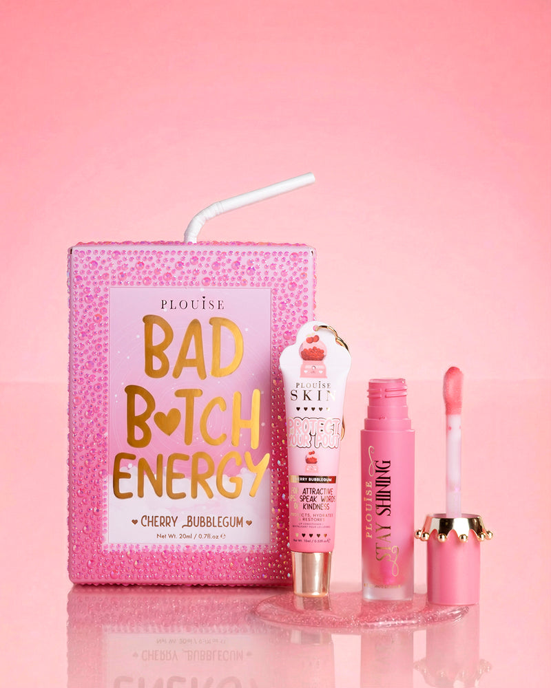 Rózsaszín P.Louise kristálycsillámos bad bitch energy ajakduó cseresznye rágógumiból, fényes ajakolajjal és ajakkondicionálóval