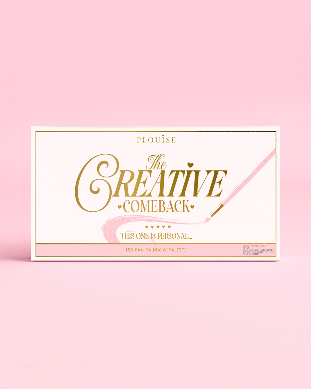 Zárt P.Louise Creative Comeback XXXL Rainbow Eyeshadow paletta eleje arany tipográfiával, rózsaszín tokon, rózsaszín háttér előtt