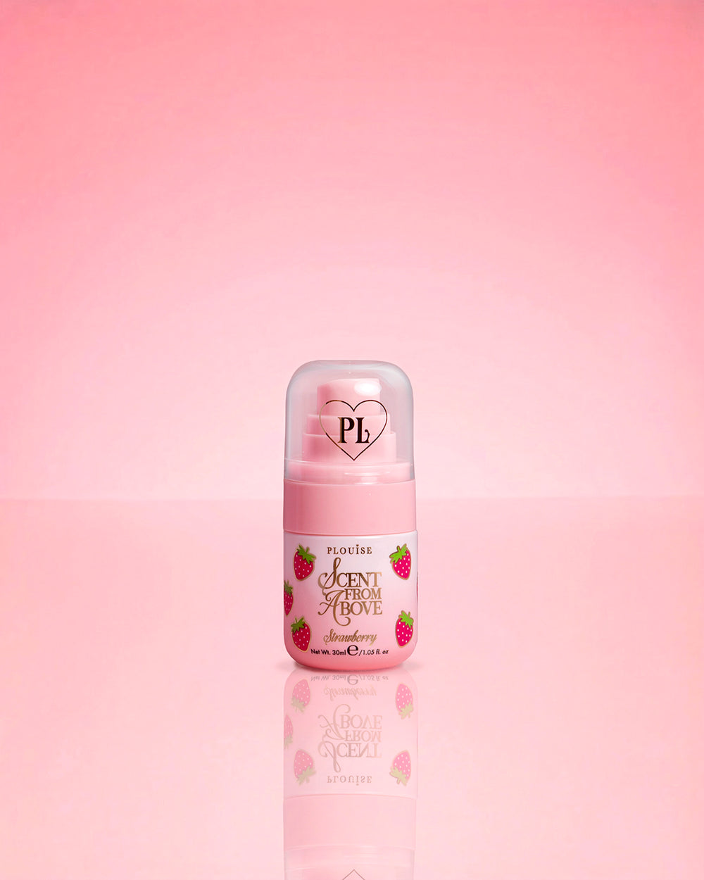P.Louise Mini Strawberry Hair & Body Mist illat felülről, rózsaszín alapon