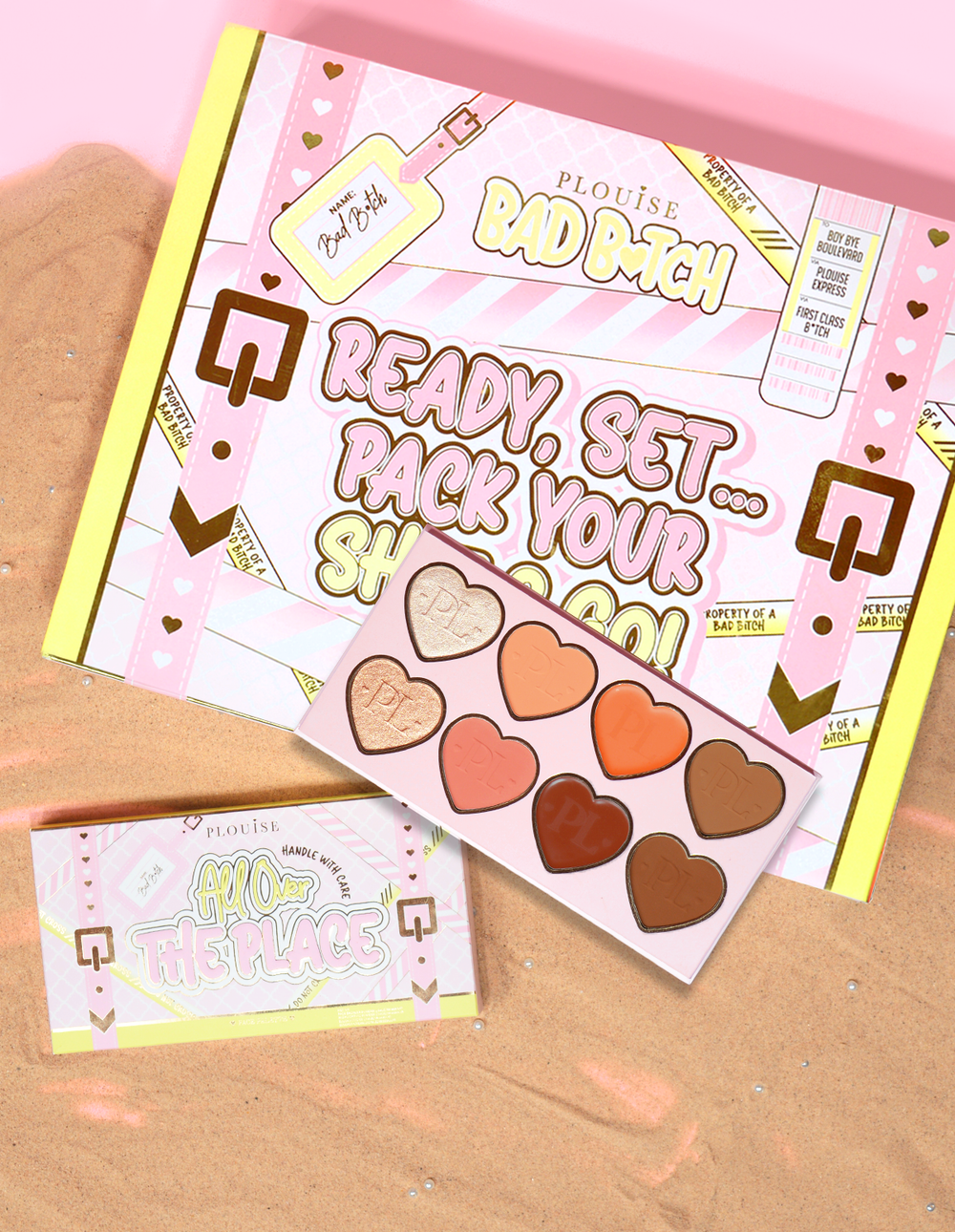 P.Louise All Over The Place Face Palette csomagolás és termék, szív alakú serpenyős árnyalatokkal, különböző színekben, homokágyon.