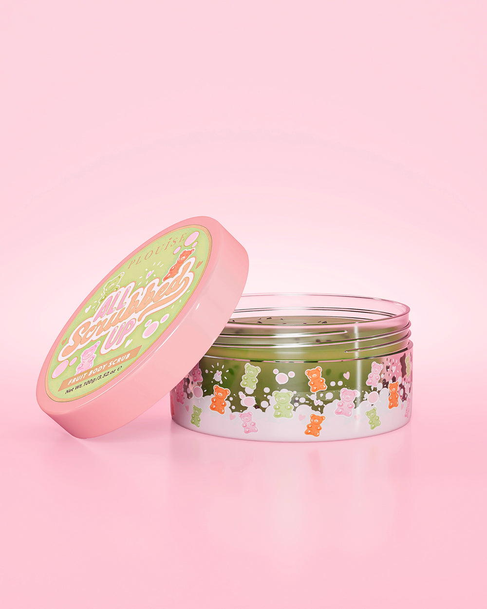 Nyissa ki tégelyes P. Louise All Scrubbed Up Body Scrub testradírt Gummy Bears illatban rózsaszín alapon