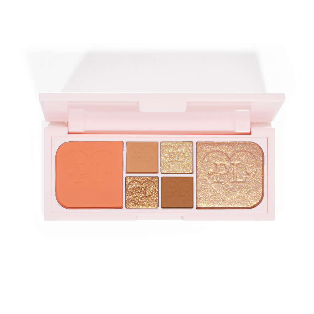 A P.Louise Fluffy Fantasy Mini Eyes & Face paletta képe, krémes matt és vajas csillámokkal, barack és semleges árnyalatok sorában