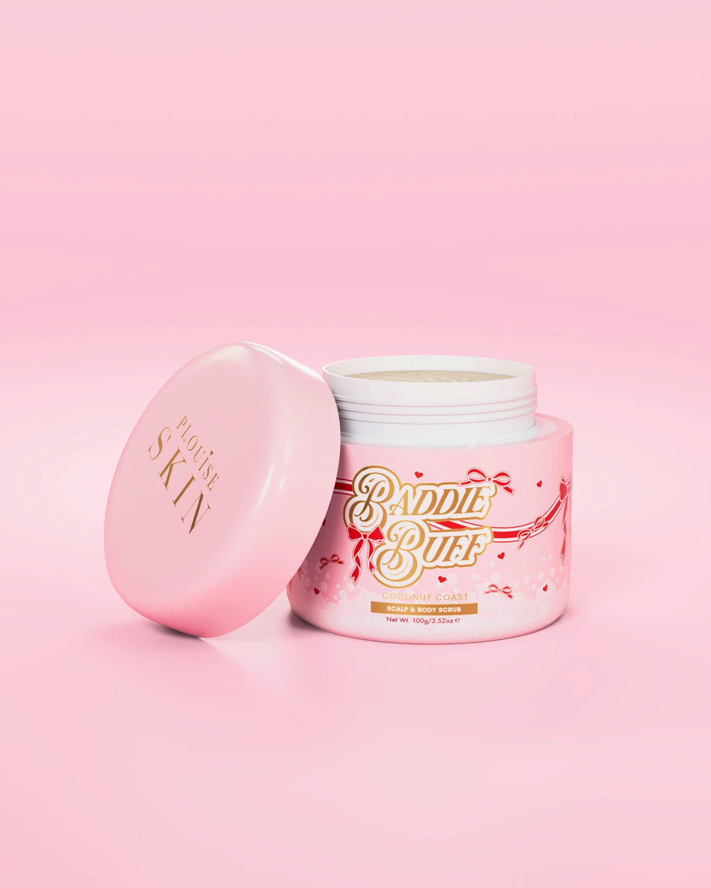 Rózsaszín P.Louise kád Baddie Buff fejbőr és testcukros bőrradír Coconut Coastban, le a fedéllel