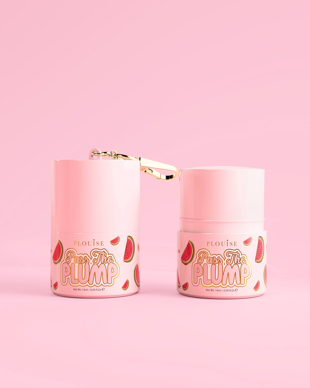 Két rózsaszín üveg P.Louise Pass The Plump Lip Treatment görögdinnye dizájnnal, rózsaszín alapon