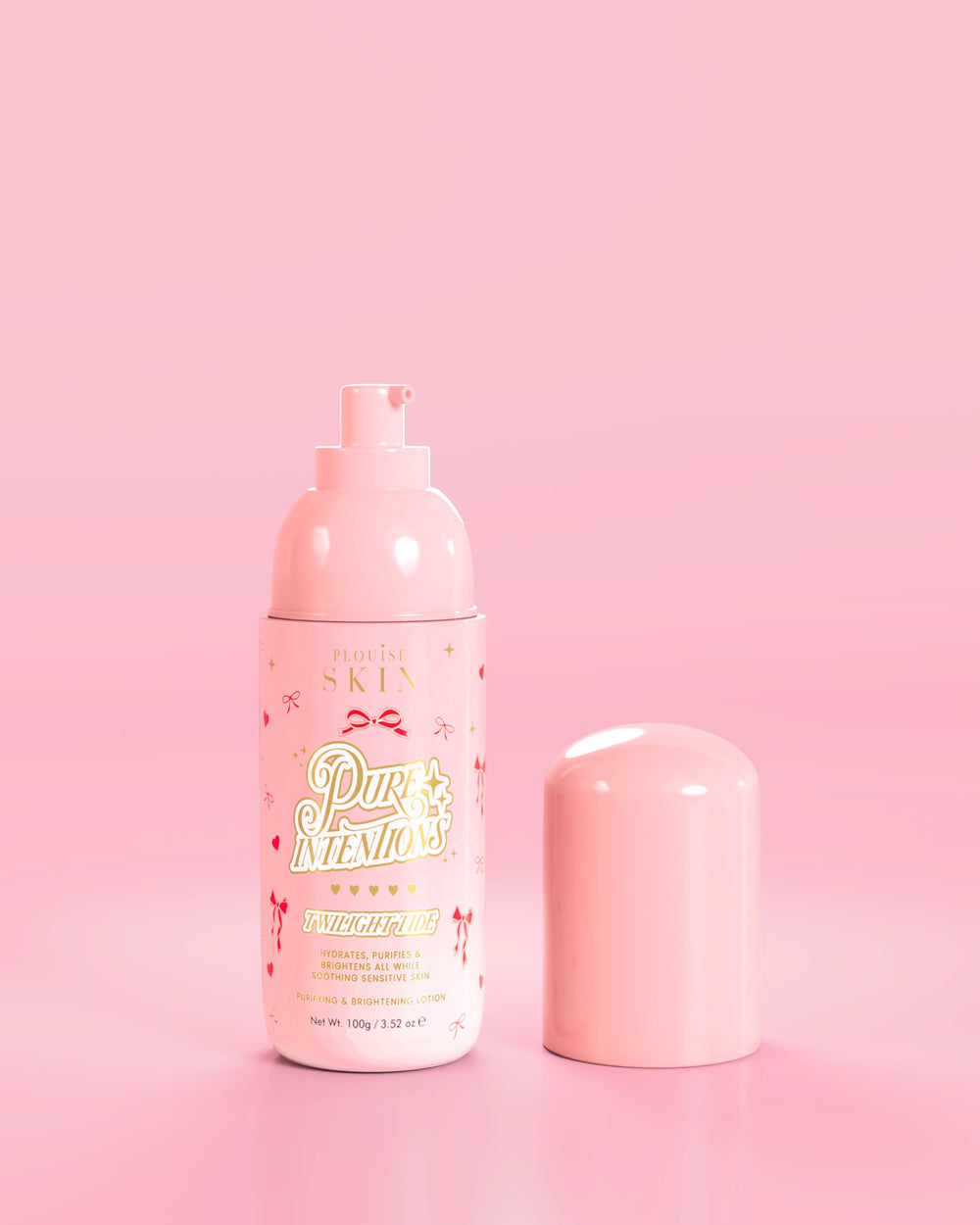 Rózsaszín üveg P.Louise Pure Intentions Purify & Brightening Lotion piros masni mintával rózsaszín háttéren