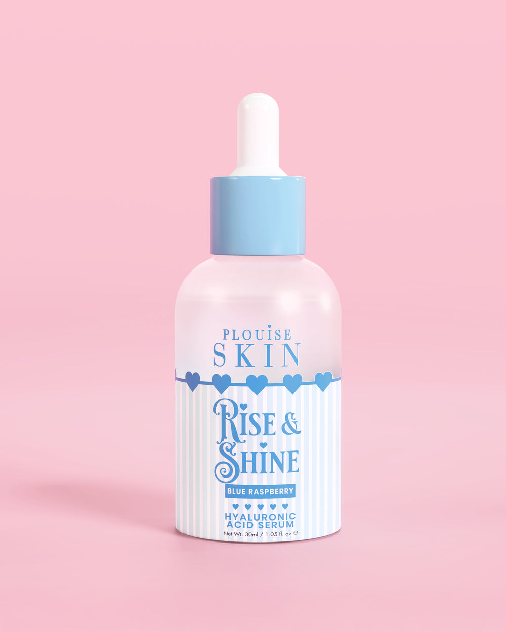 Kék-fehér üveg PLouise Rise and Shine Hyaluronic Serum kék málna színben