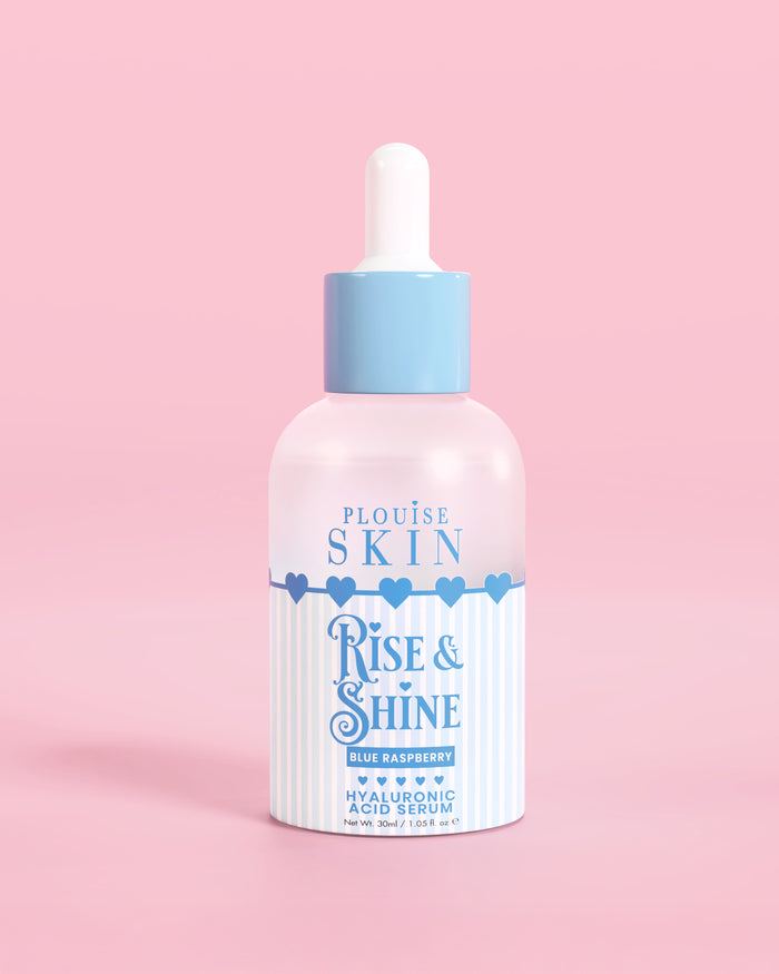 Kék-fehér üveg PLouise Rise and Shine Hyaluronic Serum kék málna színben