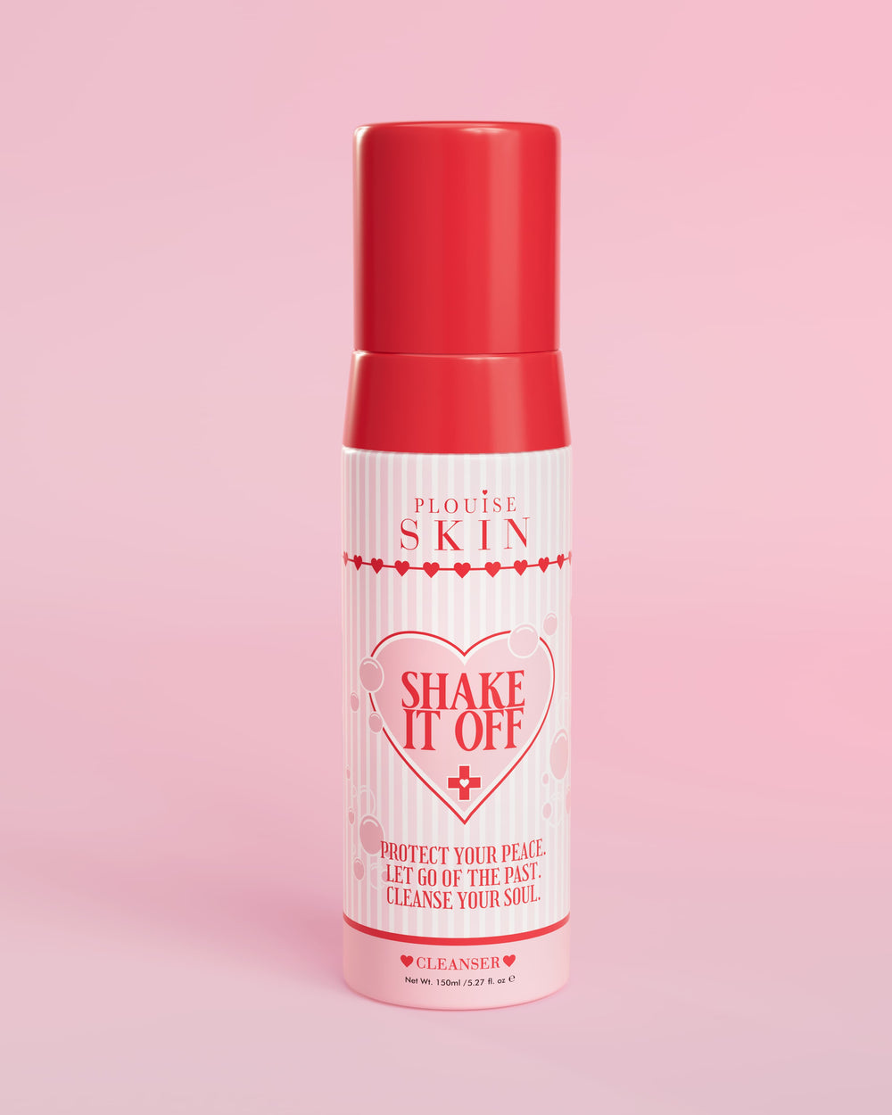 A P.Louise Shake It Off habzó arctisztító pumpás flakonja rózsaszín háttér előtt, a palackon látható termékinformációkkal és márkajelzéssel.