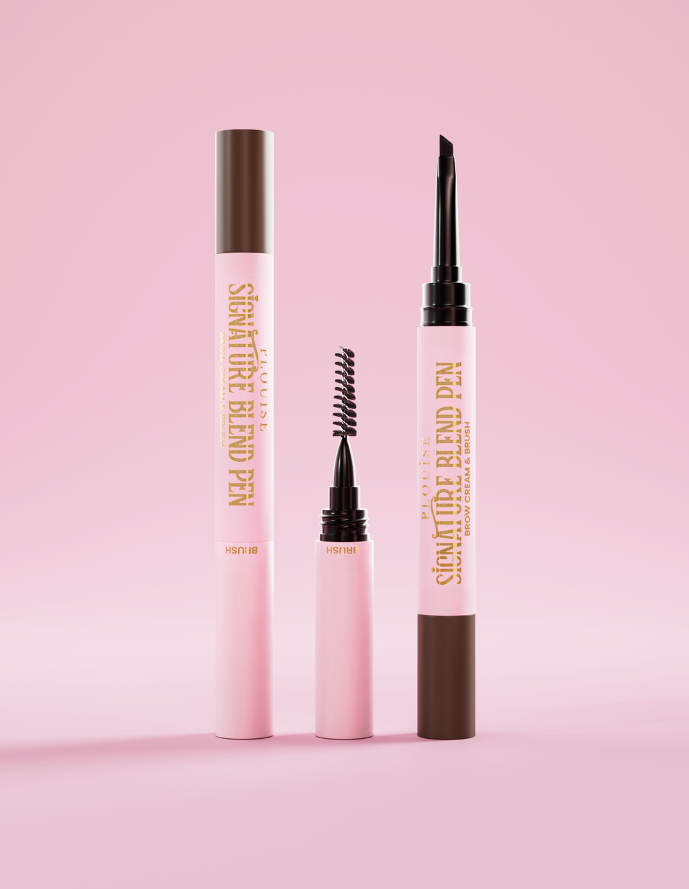 Egy P.Louise Signature Eyebrow Pen, amelynek fedelét mindkét végén le kell venni, így az applikátor rózsaszín háttér előtt látható