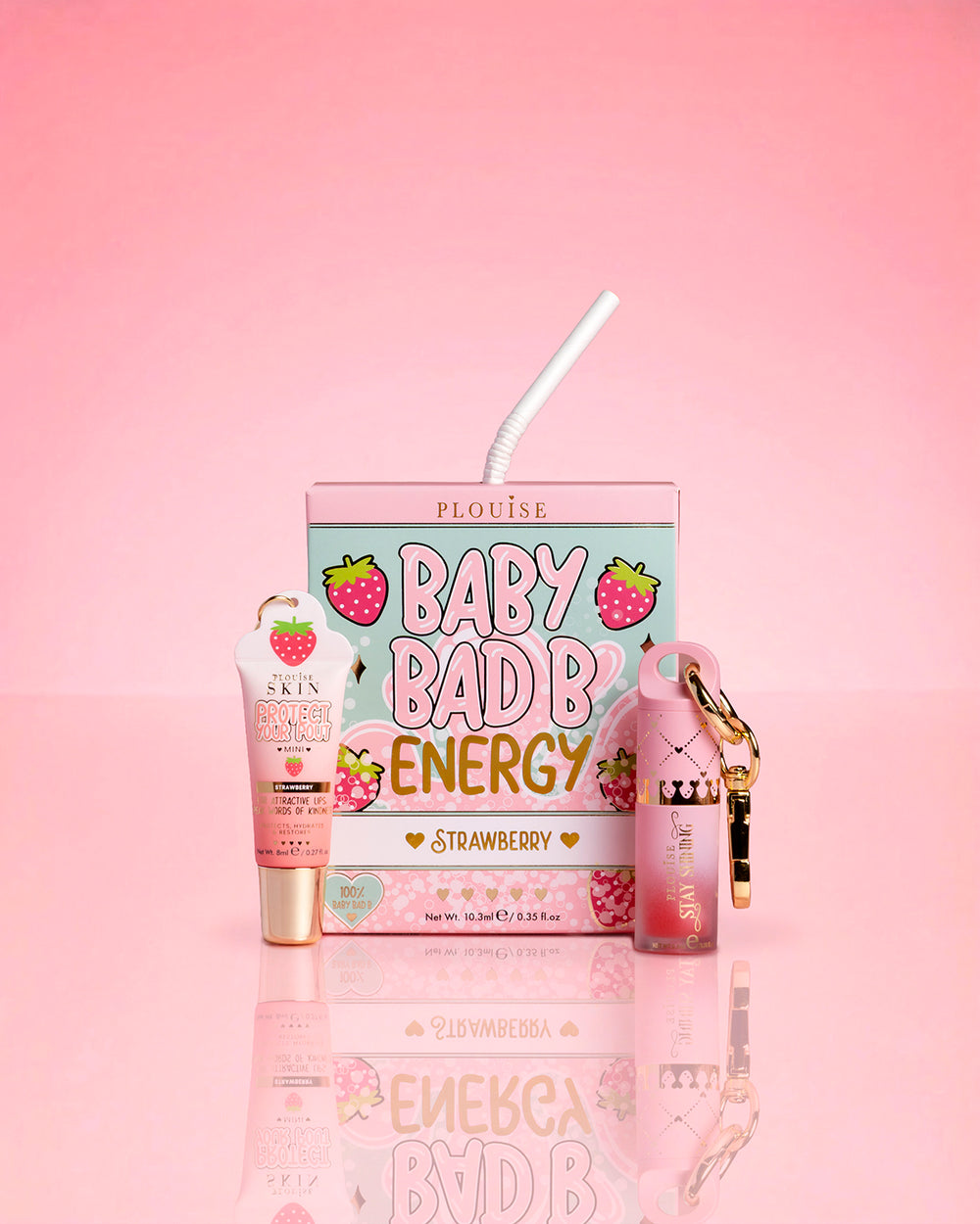 P.Louise Strawberry Baby Bad B Mini Lip Oil & Mini Lip Conditioner rózsaszín alapon