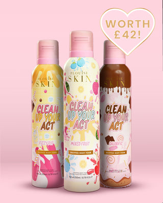 Három üveg P.Louise habosított testhabos testápoló, rózsaszín alapon színes csomagolással.