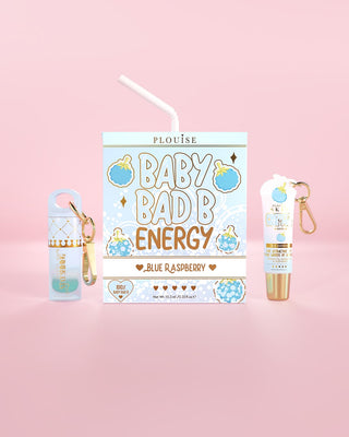P.Louise Baby bad Bitch Energy Lip Dup in blue raspberry featuring a mini lip conditioner and a mini lip oil