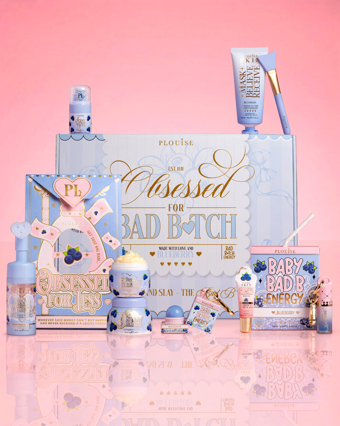 A P.Louise Obsessed For Bad Bitch Bundle termékei és csomagolása rózsaszín háttér előtt 