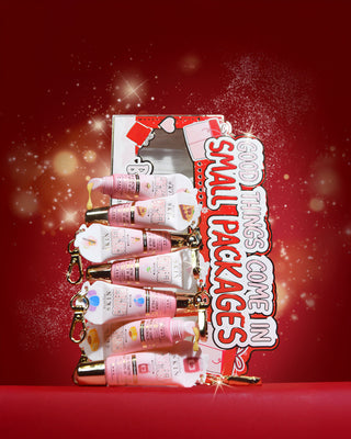 "All Good Things Come In Small Packages" mini ajakkondicionáló ajándékkészlet piros alapon