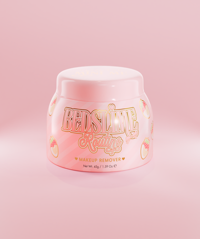 Egy rózsaszín tégelyes P.Louise Bedslime Routine Jelly Makeup Removing Cleanser epres és krémes dizájnnal.