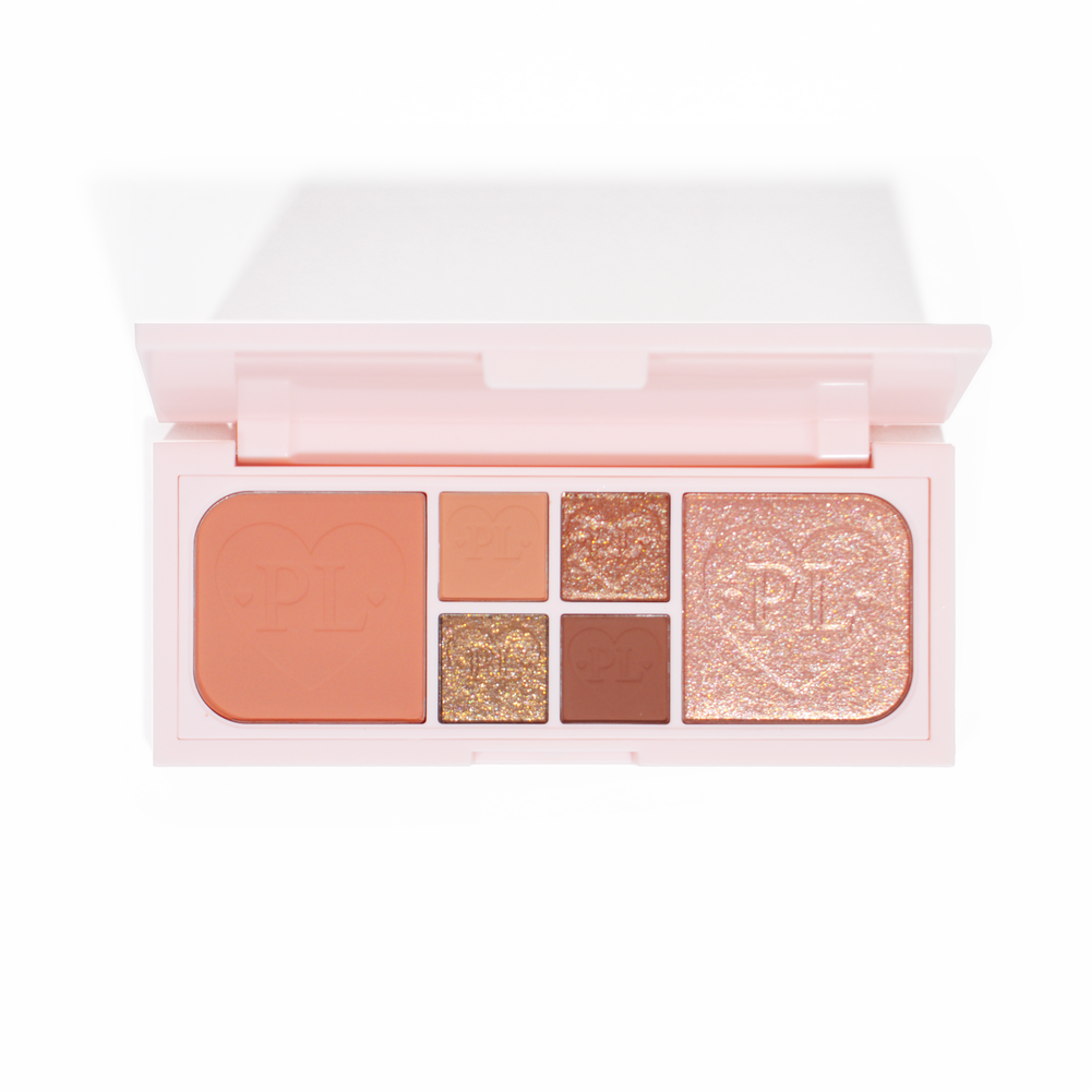 A P.Louise Fluffy Fantasy Mini Eyes & Face paletta képe krémes matt és vajas csillámokkal, barack és semleges árnyalatokkal