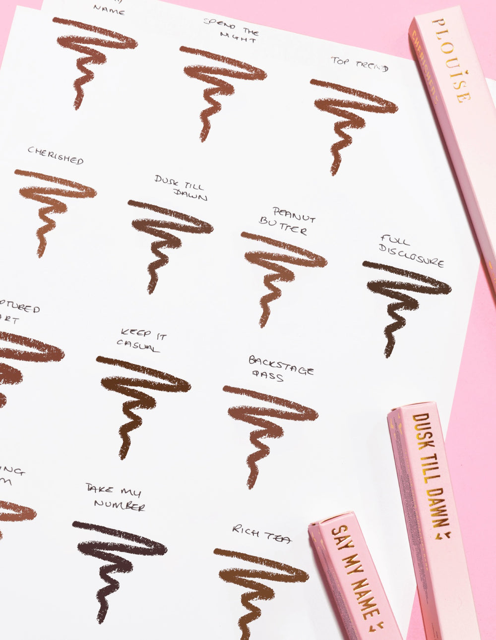 Egy papírdarab képe firkákkal az egyes P.Louise Ultimate Definition Sharpenable Lip Liner árnyalatokon és néven
