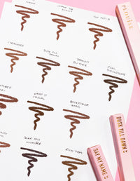 Egy papírdarab képe firkákkal az egyes P.Louise Ultimate Definition Sharpenable Lip Liner árnyalatokon és néven